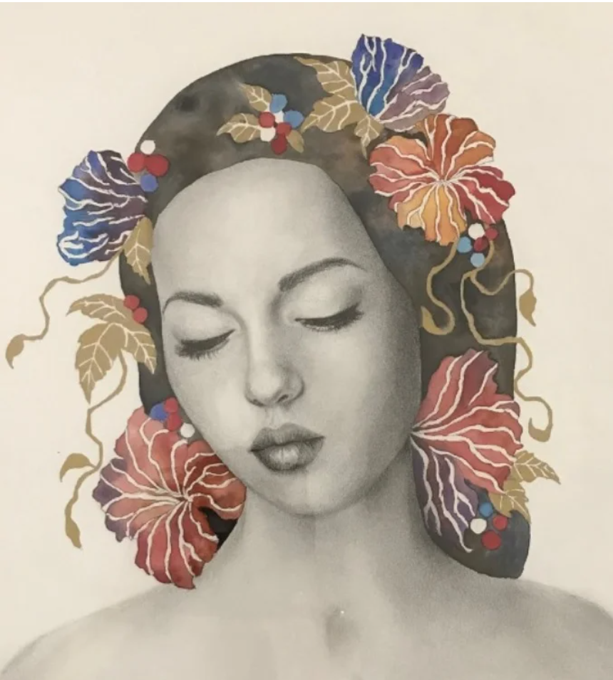 Portrait féminin artistique de Christelle Genier avec éléments floraux