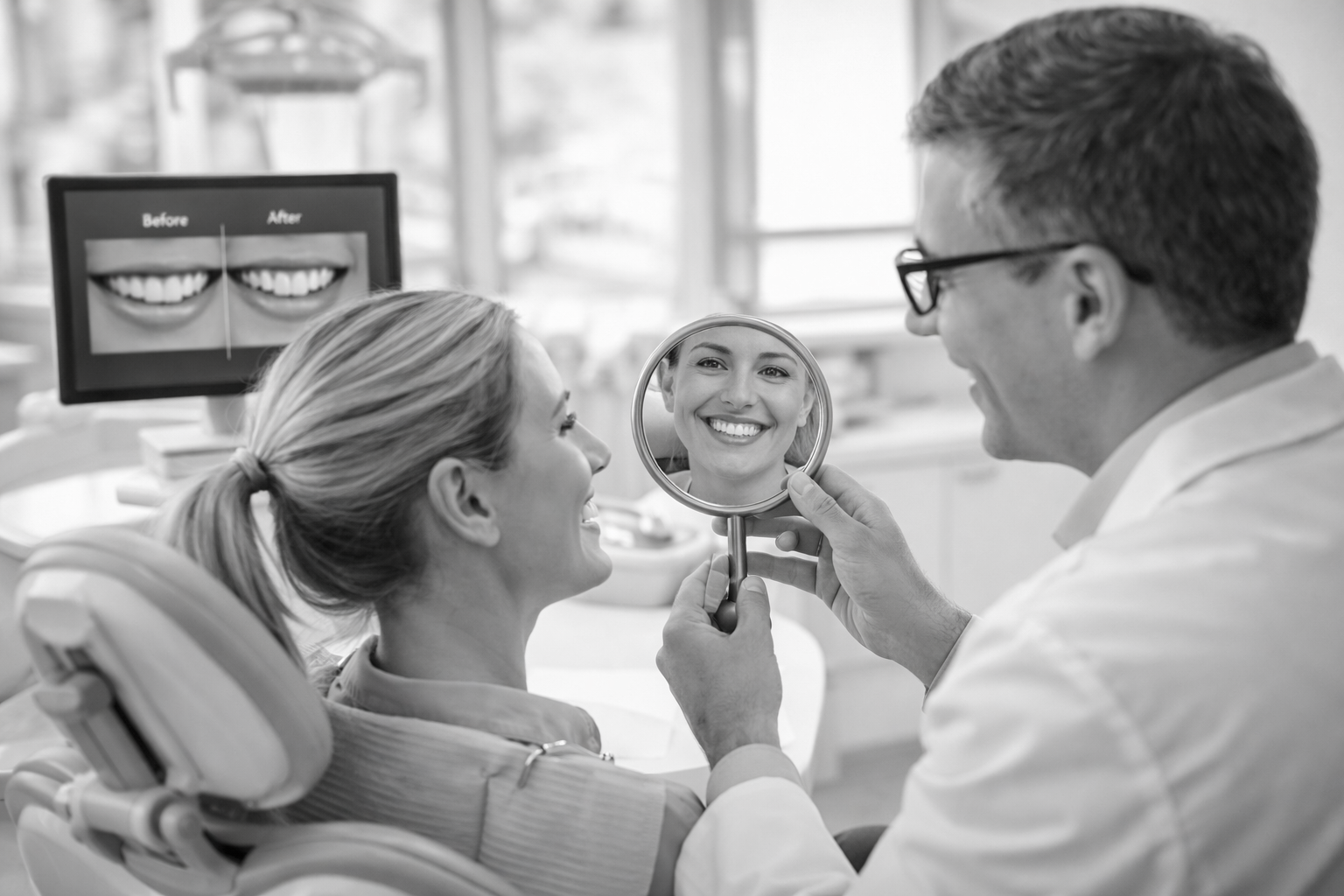 Dentiste montrant le résultat du sourire à une patiente à l’aide d’un miroir
