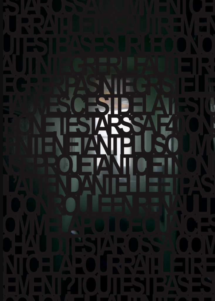 Œuvre typographique de l’artiste Gilles Furtwängler composée de mots superposés