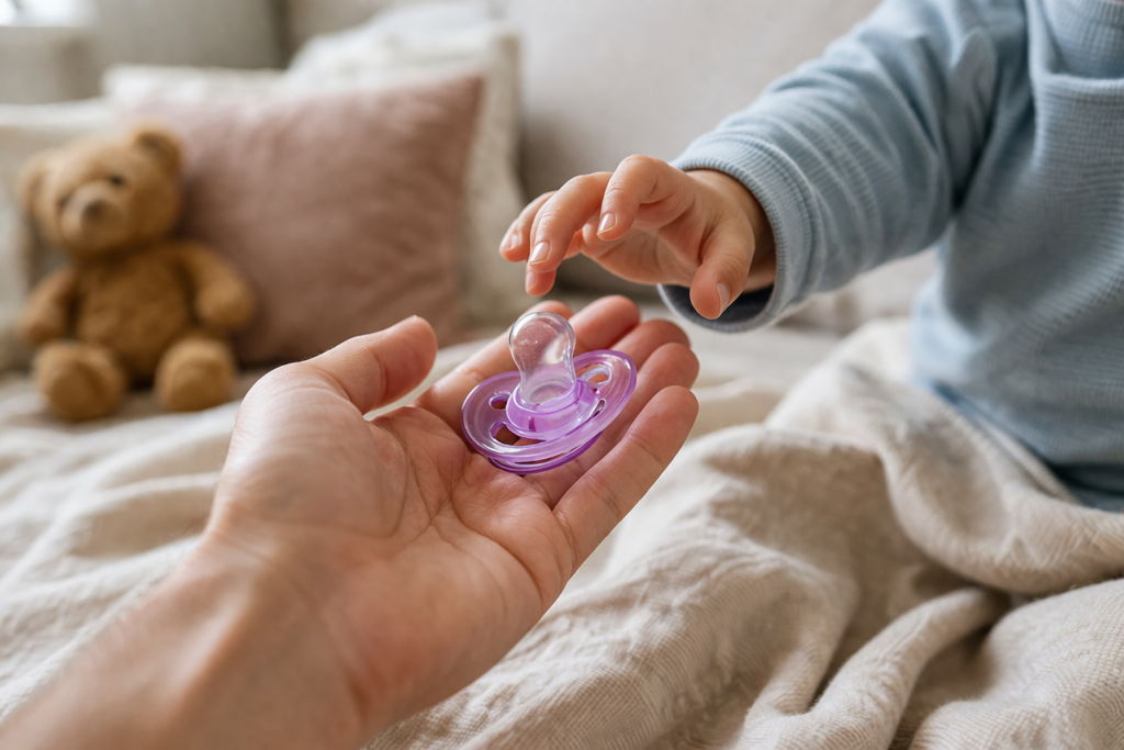 Enfant tendant la main vers une lolette tenue par un adulte